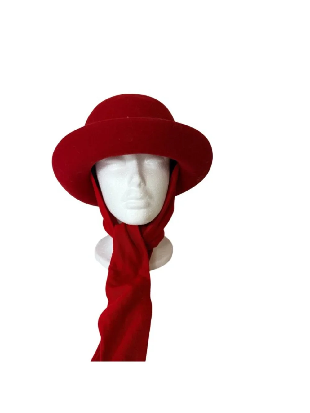 Red DoeSkin Wool Felt Church Hat VTG Scarf Tie Cloche by Bollman USA Millinery